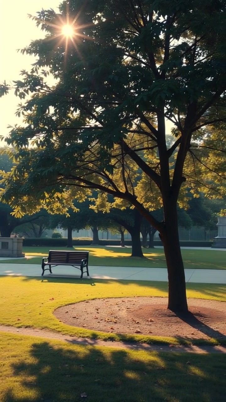 A serene park with a bench under a leafy tree, sunlight filtering through the leaves.