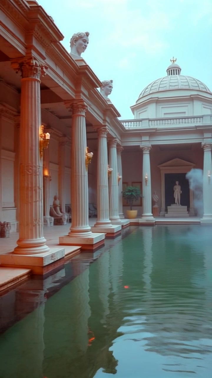 A large Roman bath with ornate columns and sculptures, steam rising from the water.