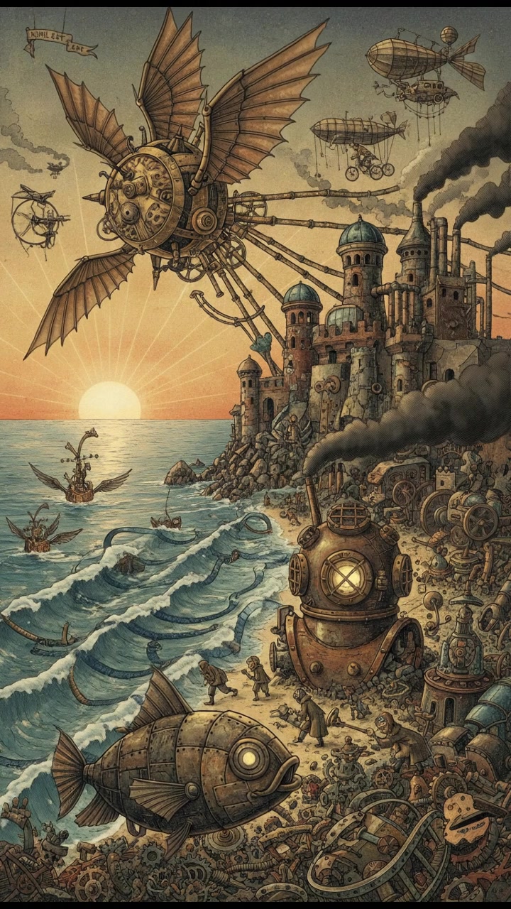 A sunrise over a calm ocean, waves gently lapping at the shore.