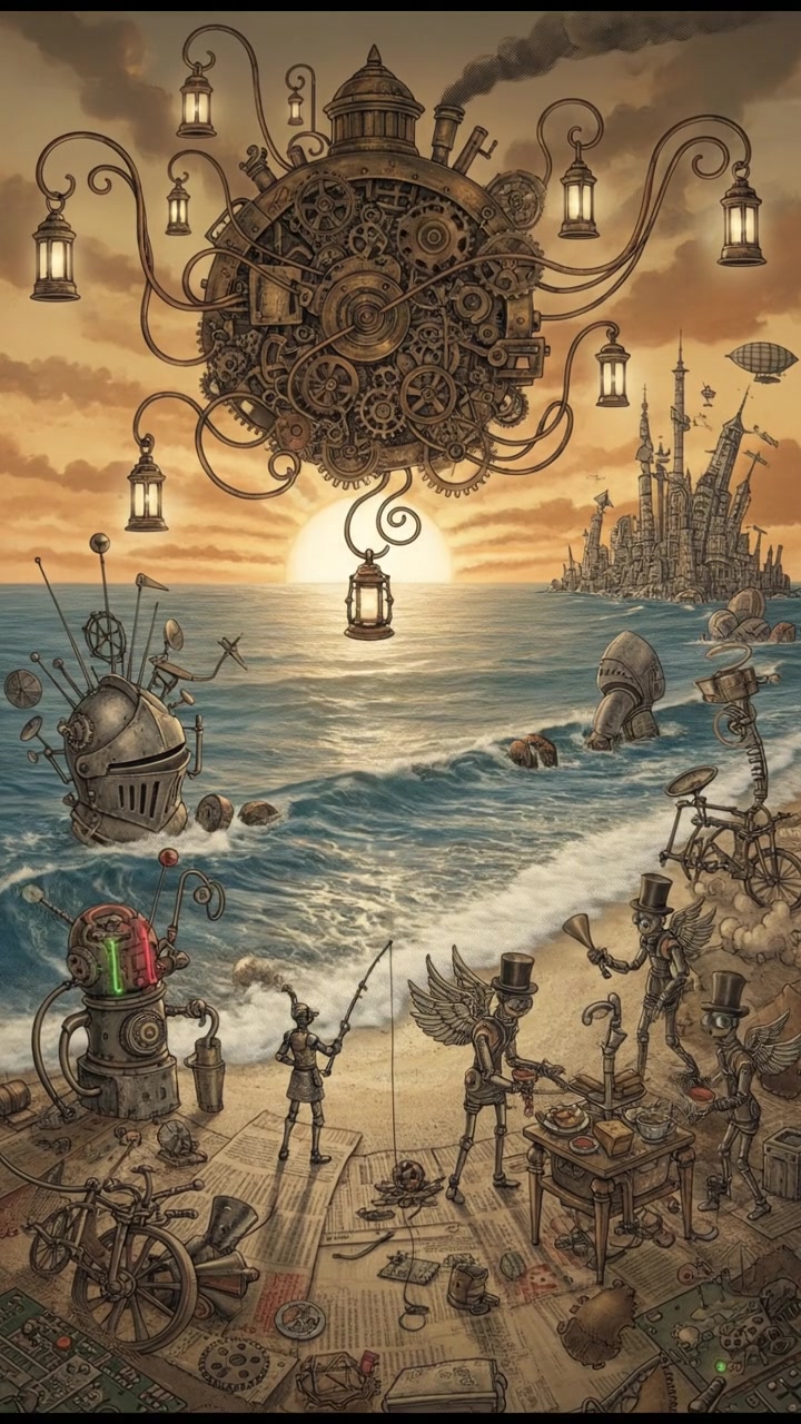 A sunrise over a calm ocean, waves gently lapping at the shore.