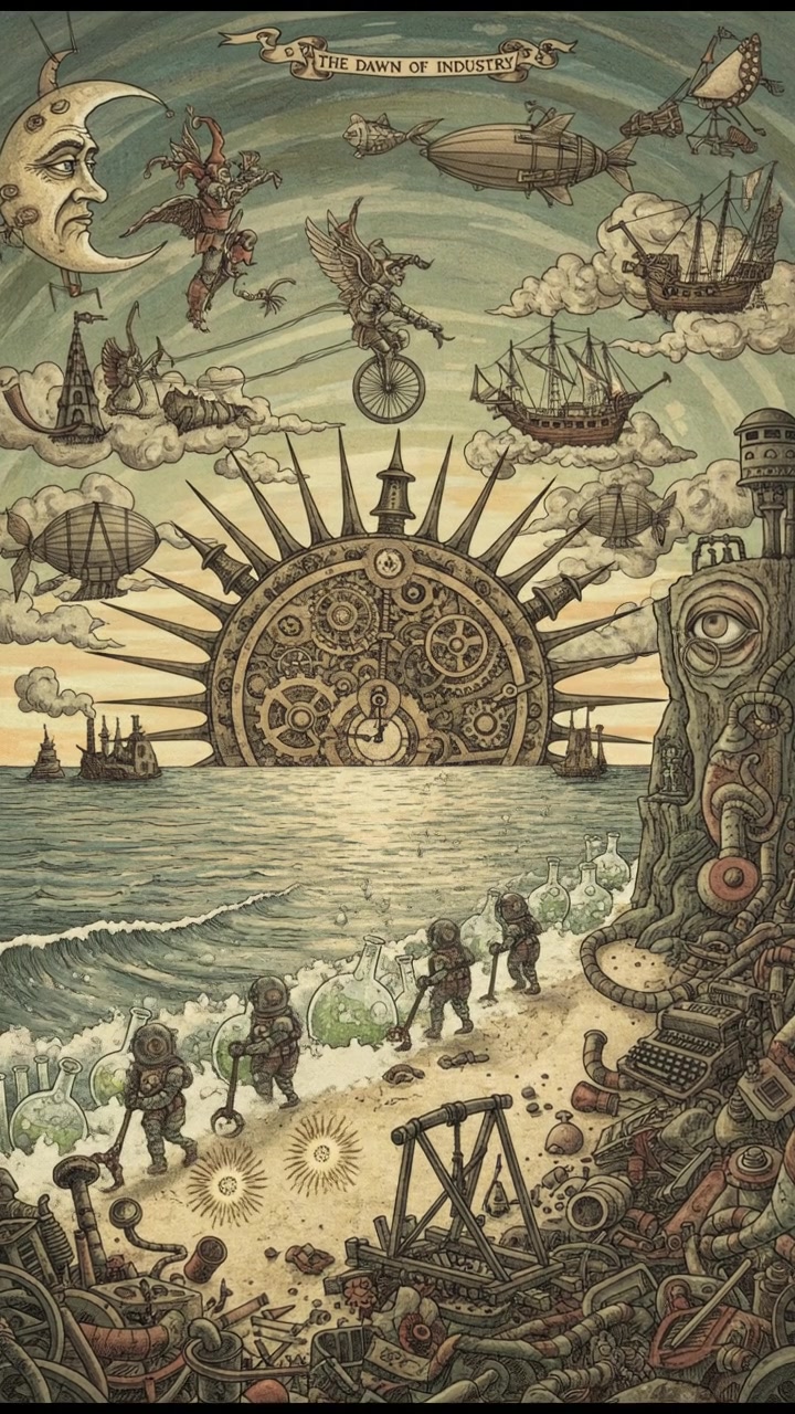 A sunrise over a calm ocean, waves gently lapping at the shore.