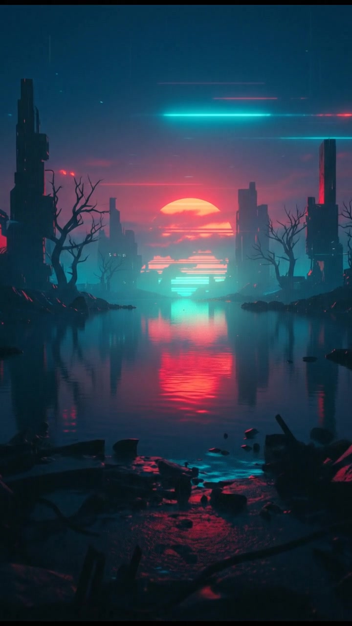 A calm evening landscape of a sunset over a reflective lake, creating a serene and peaceful atmosphere.