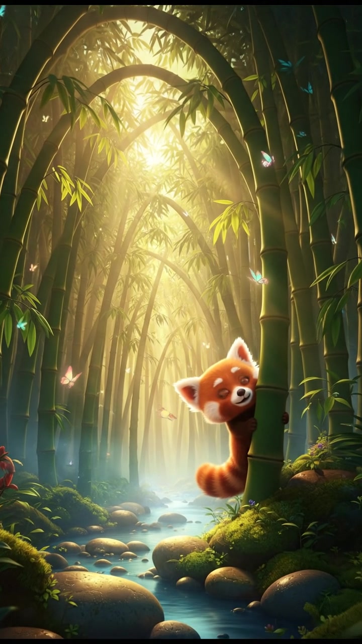 A Serene Baby Panda in a Lush Bamboo Paradise