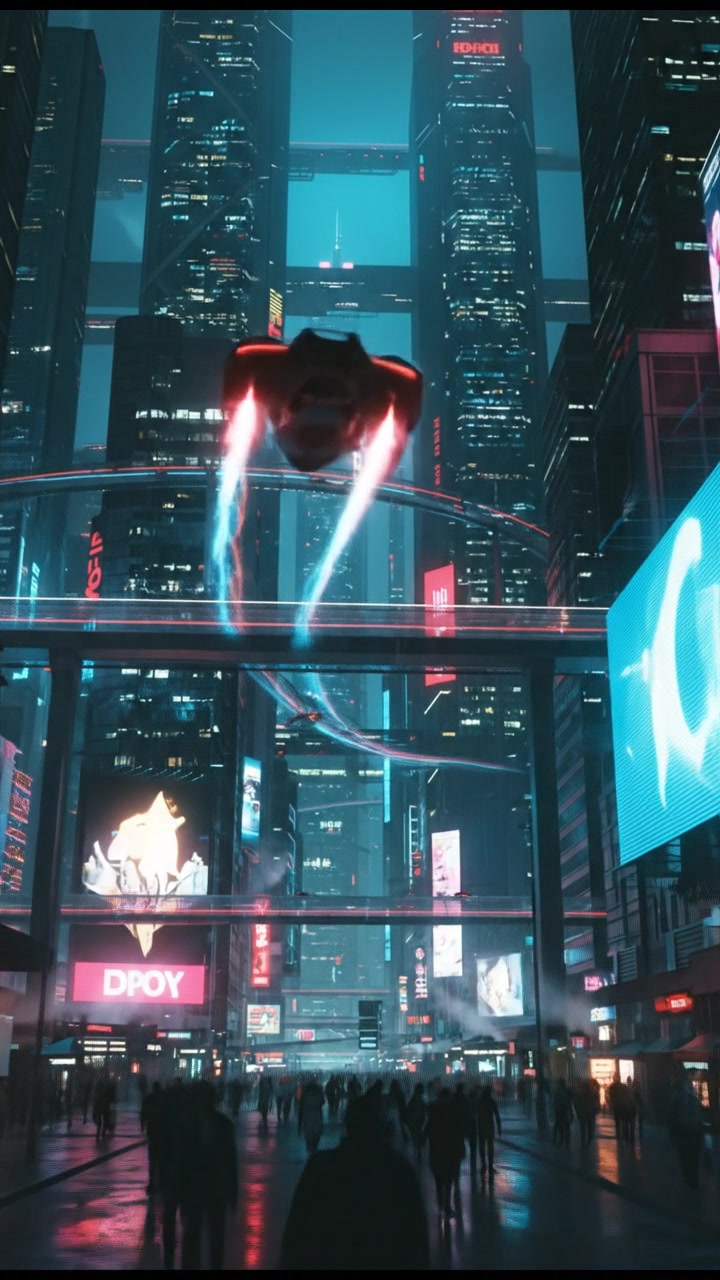 A futuristic cityscape at night, illuminated by neon lights, with flying cars in the sky.