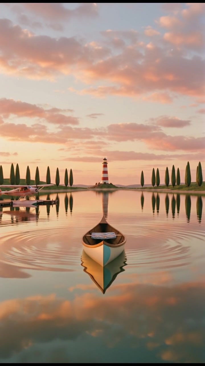 A serene landscape with a sunset over a calm lake, reflecting the fiery colors of the sky.