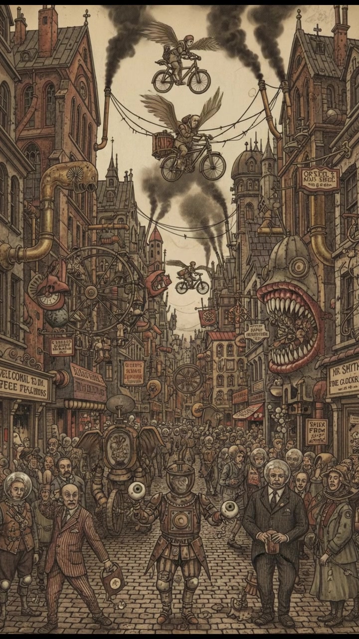 A busy city street with people walking, storefronts on either side.