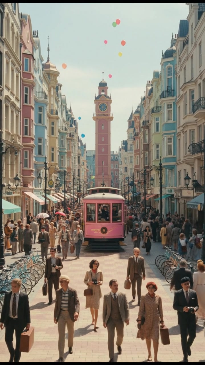 A wide view of a bustling city street filled with people and tall buildings.