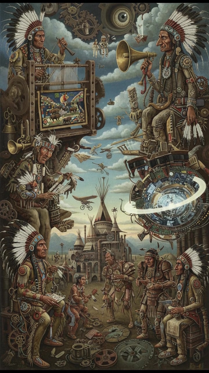 Different Native American tribal members in traditional attire performing various cultural activities.