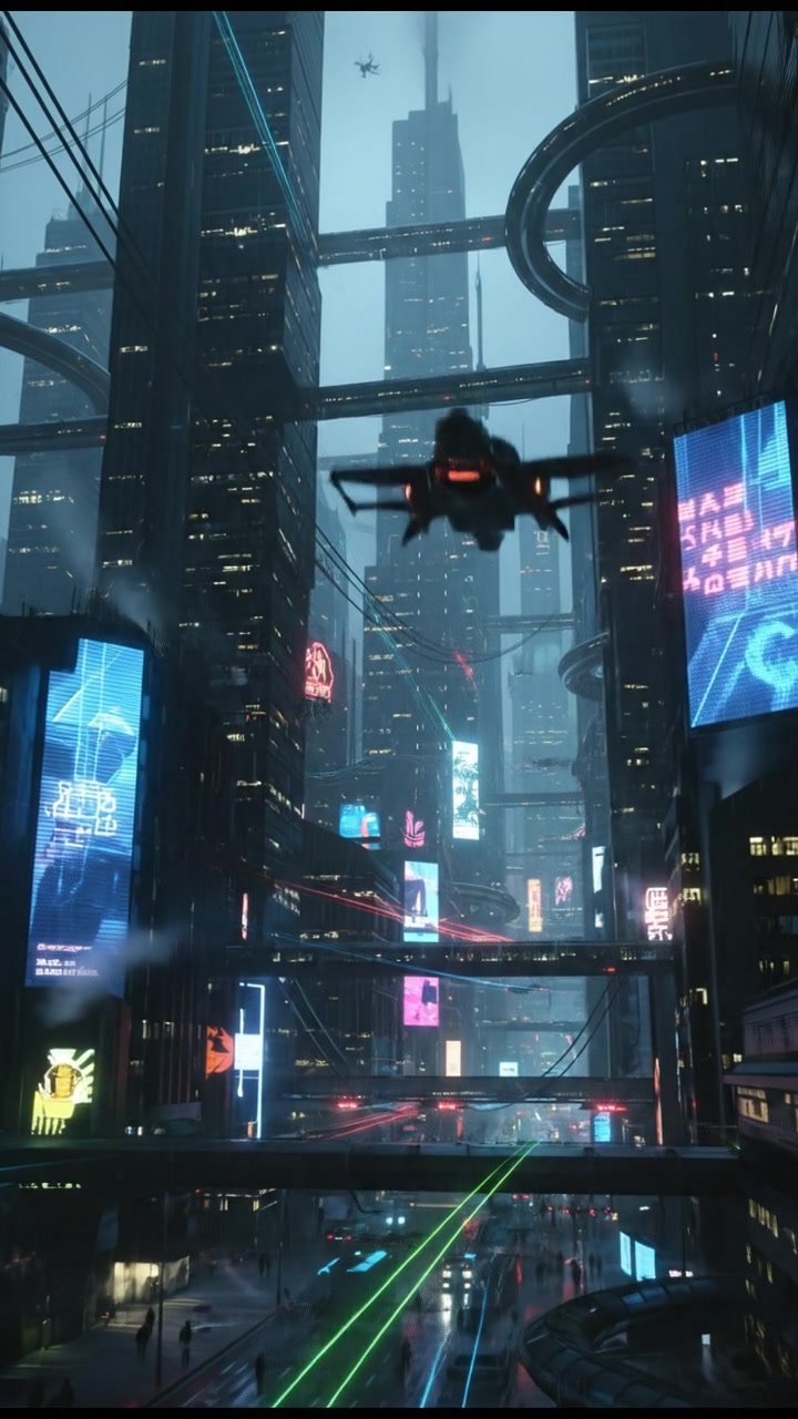 A futuristic city skyline in 2025, filled with advanced technology and flying vehicles.