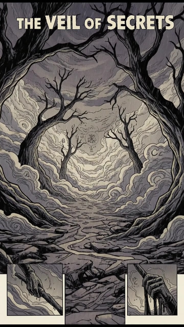 A mysterious, ethereal landscape with a swirling mist, hinting at an otherworldly realm. Shadows of trees loom, suggesting hidden secrets.