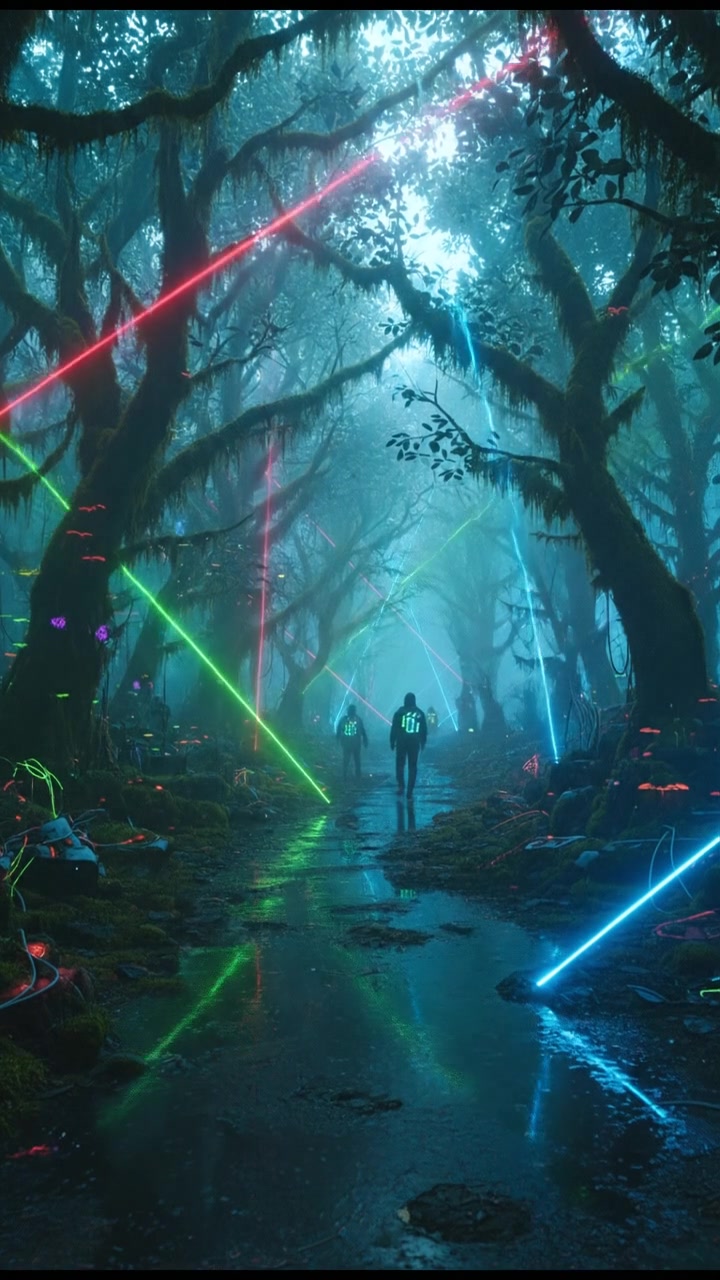 A path winding through a dense, lush forest, light breaking through the trees.