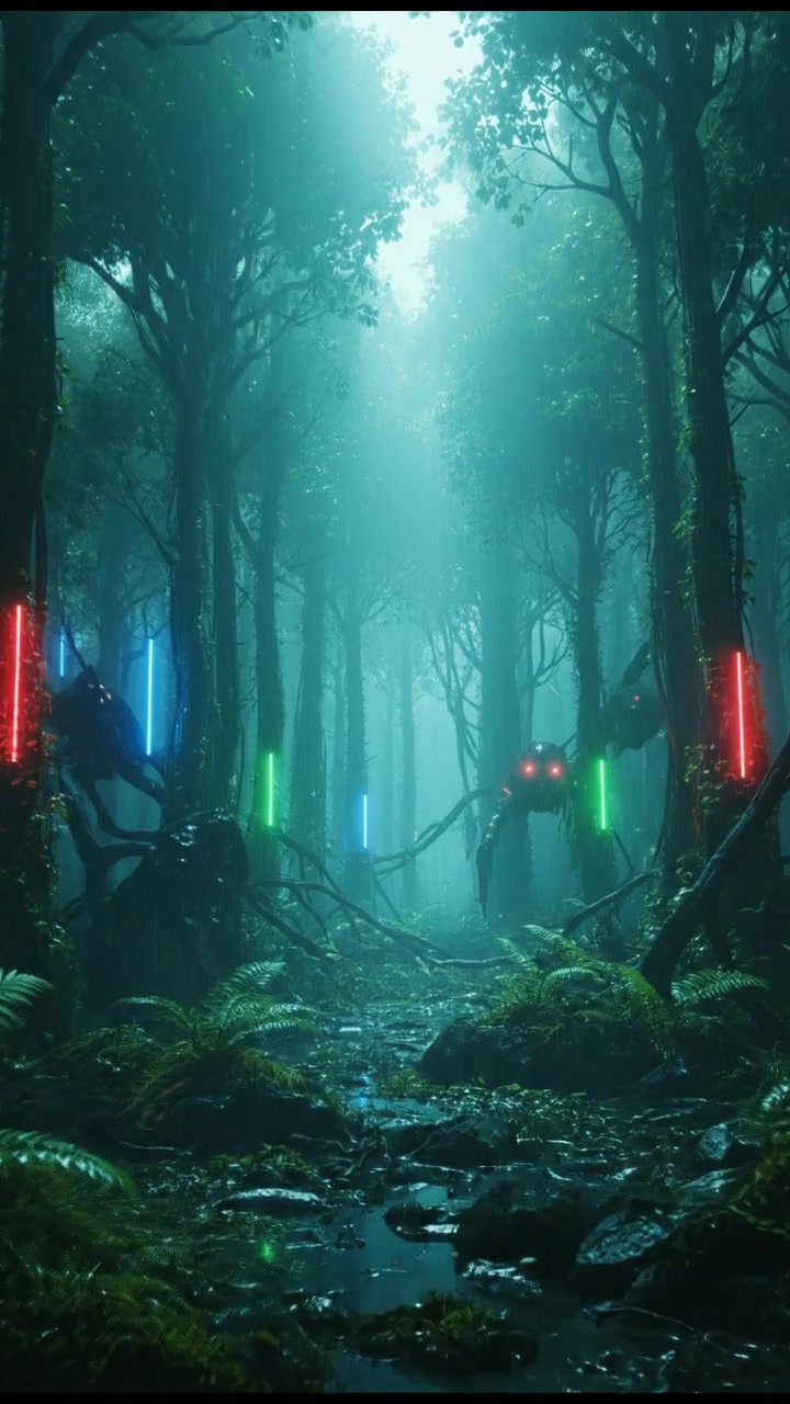 A dense forest in Nepal, with tall green trees and underbrush, sunlight filtering through the leaves, creating a mystical atmosphere.