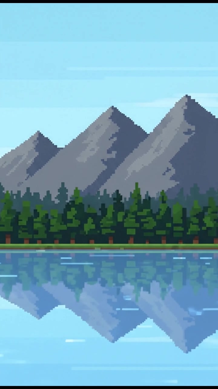 A peaceful lakeside view with trees and mountains in the background, reflections on the water surface.