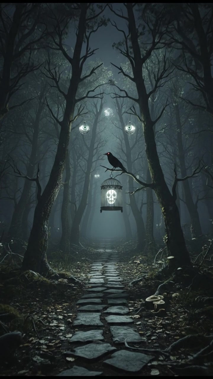 A mysterious, dark forest at night, with faint moonlight filtering through the trees.