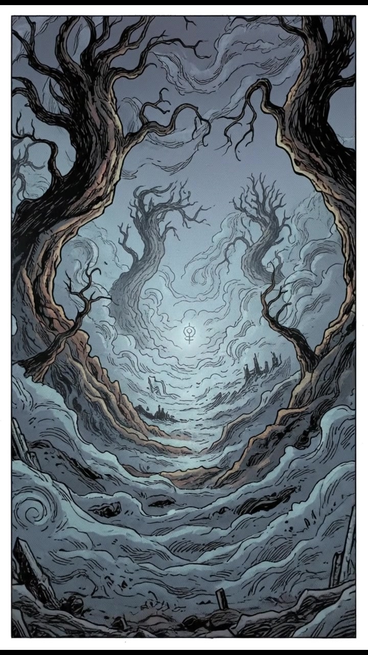 A mysterious, ethereal landscape with a swirling mist, hinting at an otherworldly realm. Shadows of trees loom, suggesting hidden secrets.