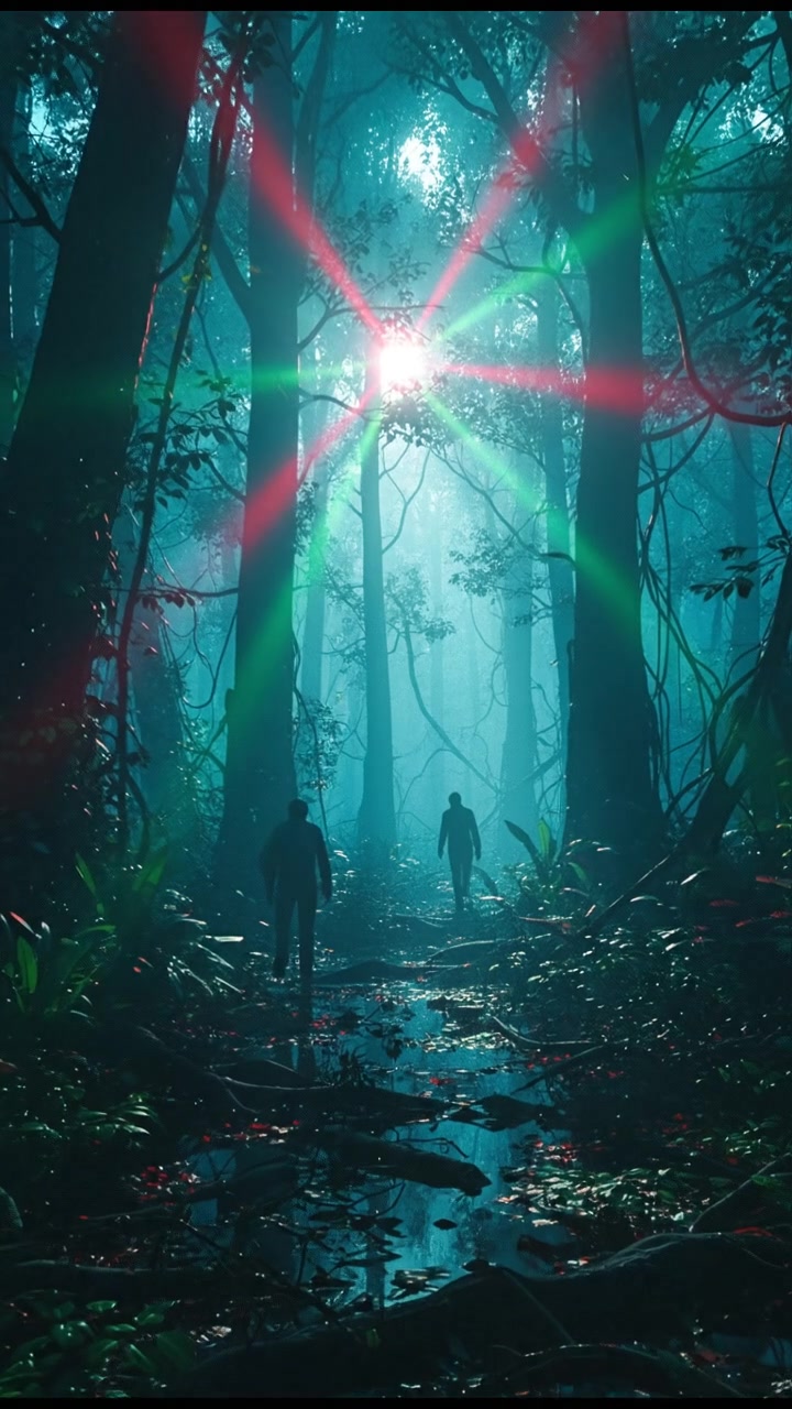 A dense forest in Nepal, with tall green trees and underbrush, sunlight filtering through the leaves, creating a mystical atmosphere.