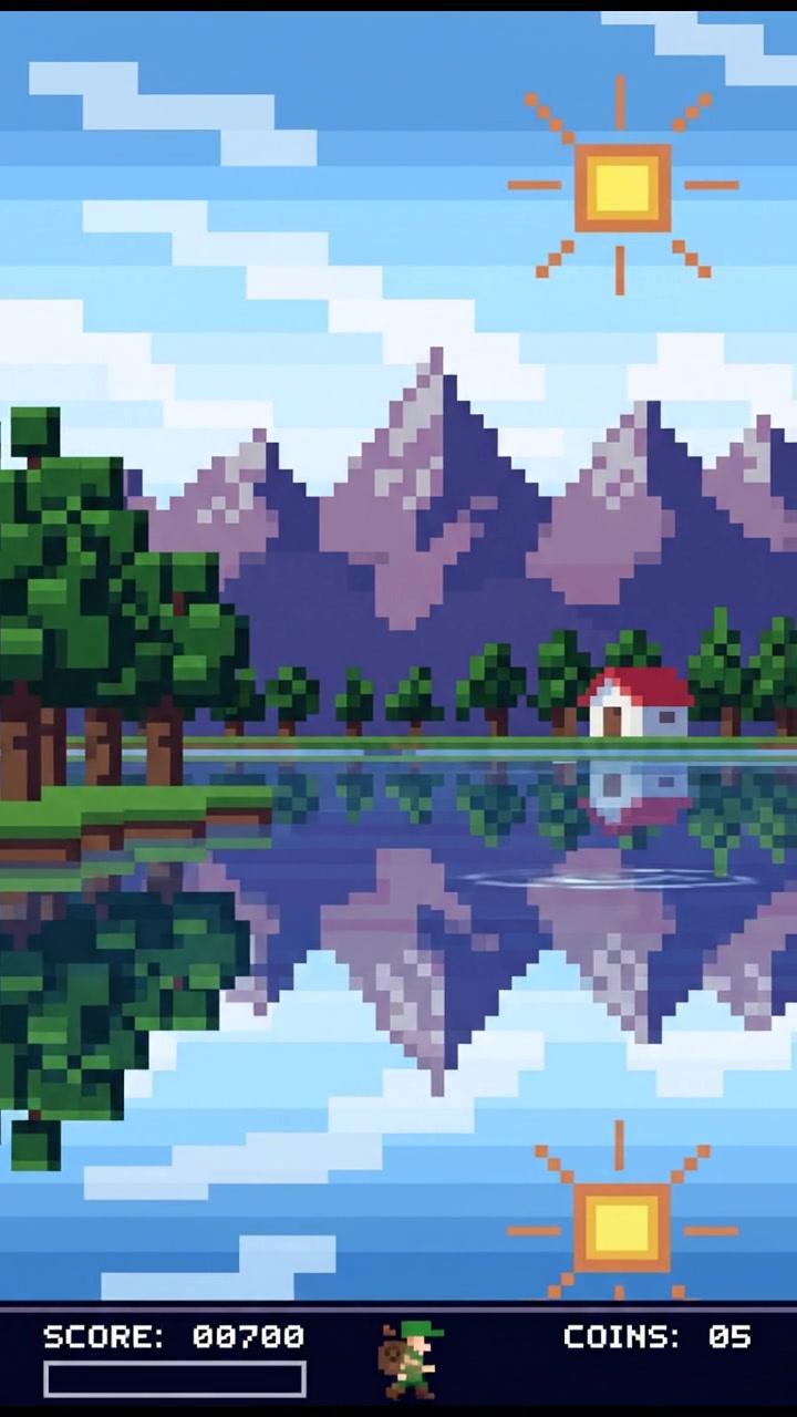 A peaceful lakeside view with trees and mountains in the background, reflections on the water surface.