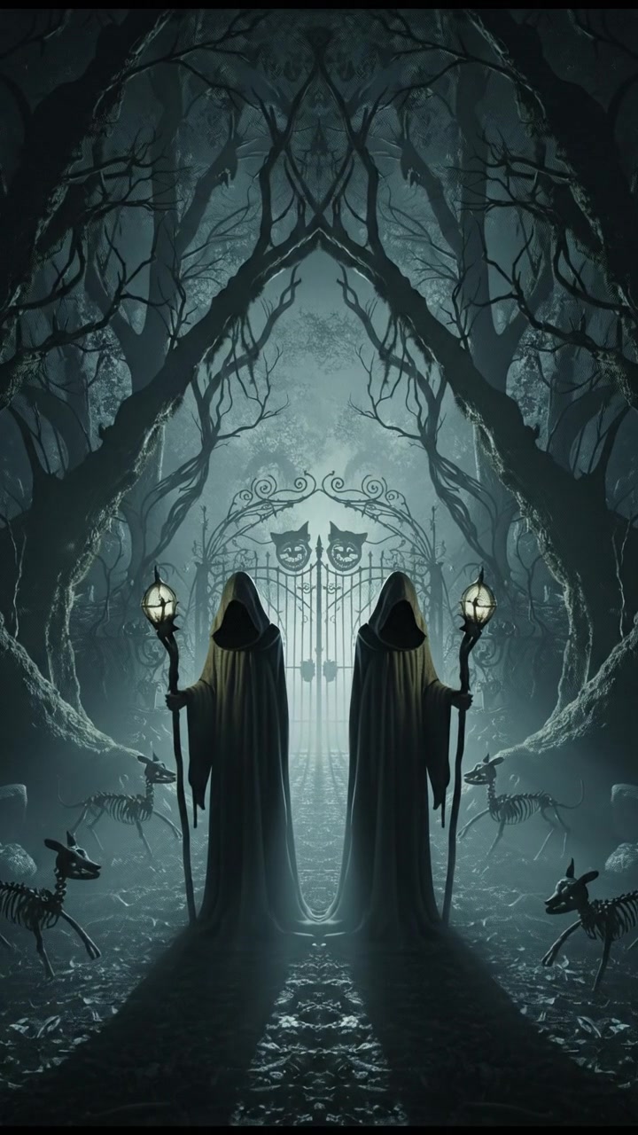 A mysterious, dark forest at night, with faint moonlight filtering through the trees.