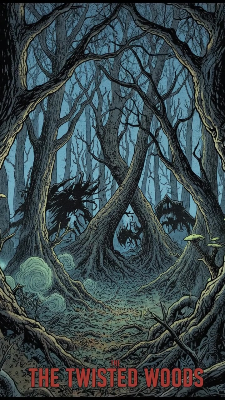 A dark and eerie forest with twisted trees and shadows looming.