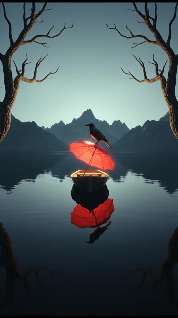 A calm lake reflecting the clear blue sky and distant mountains, symbolizing tranquility.