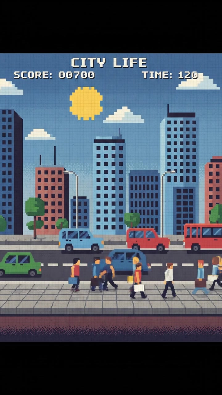 A bustling city street scene with people going about their daily routines.