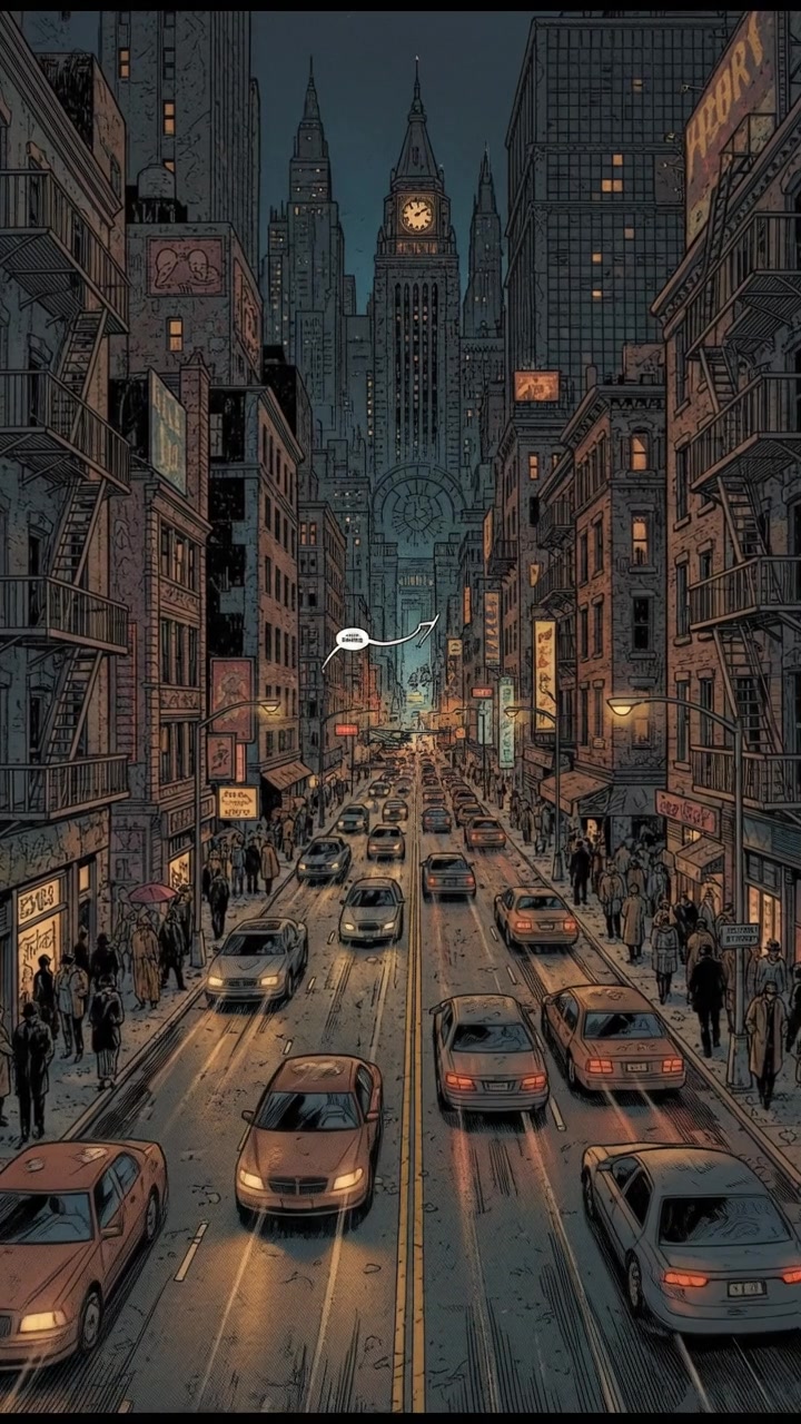 A busy city street view, with cars moving right and left, pedestrians walking.