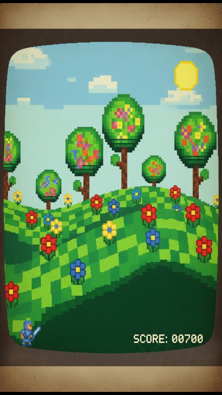 A lush green landscape with colorful flowers and trees under a blue sky.