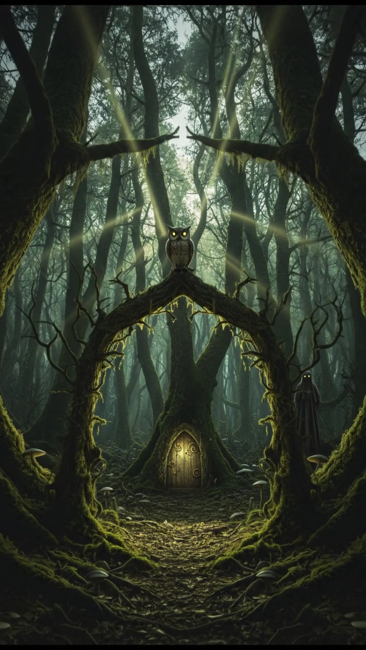 A dense, green forest with towering trees and sunlight filtering through the leaves.