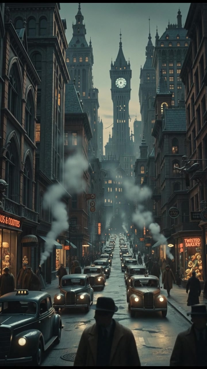 A bustling city street filled with shops and cars, with tall buildings lining the sides.