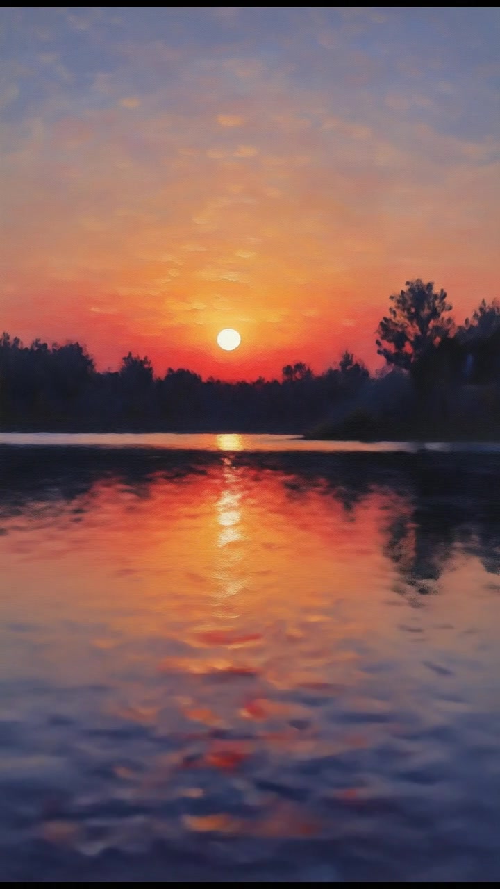 A sunset view over a calm lake, with soft reflections on the water, and silhouettes of trees lining the shore.