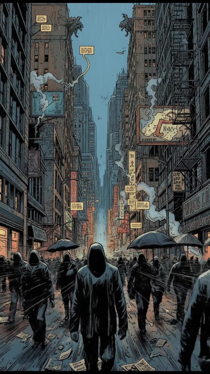 A busy city street filled with people in motion, tall buildings in the background.