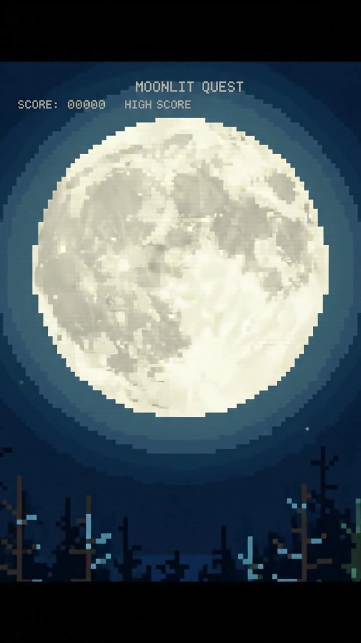 A full moon shines brightly in a dark night sky, illuminating the surrounding trees.