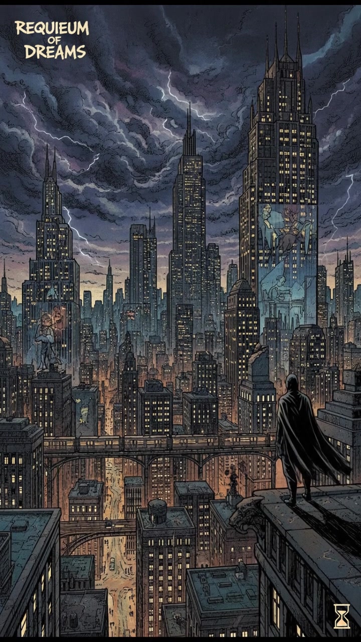 A dramatic, dark city skyline at dusk with ominous clouds, reflecting the themes of ambition and haunting memories.