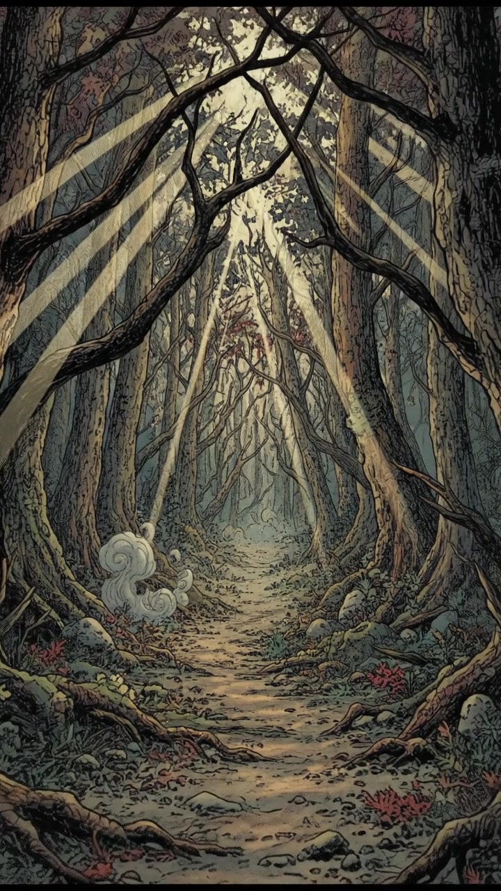 A path leading through a dense forest with sunlight streaming through the trees.