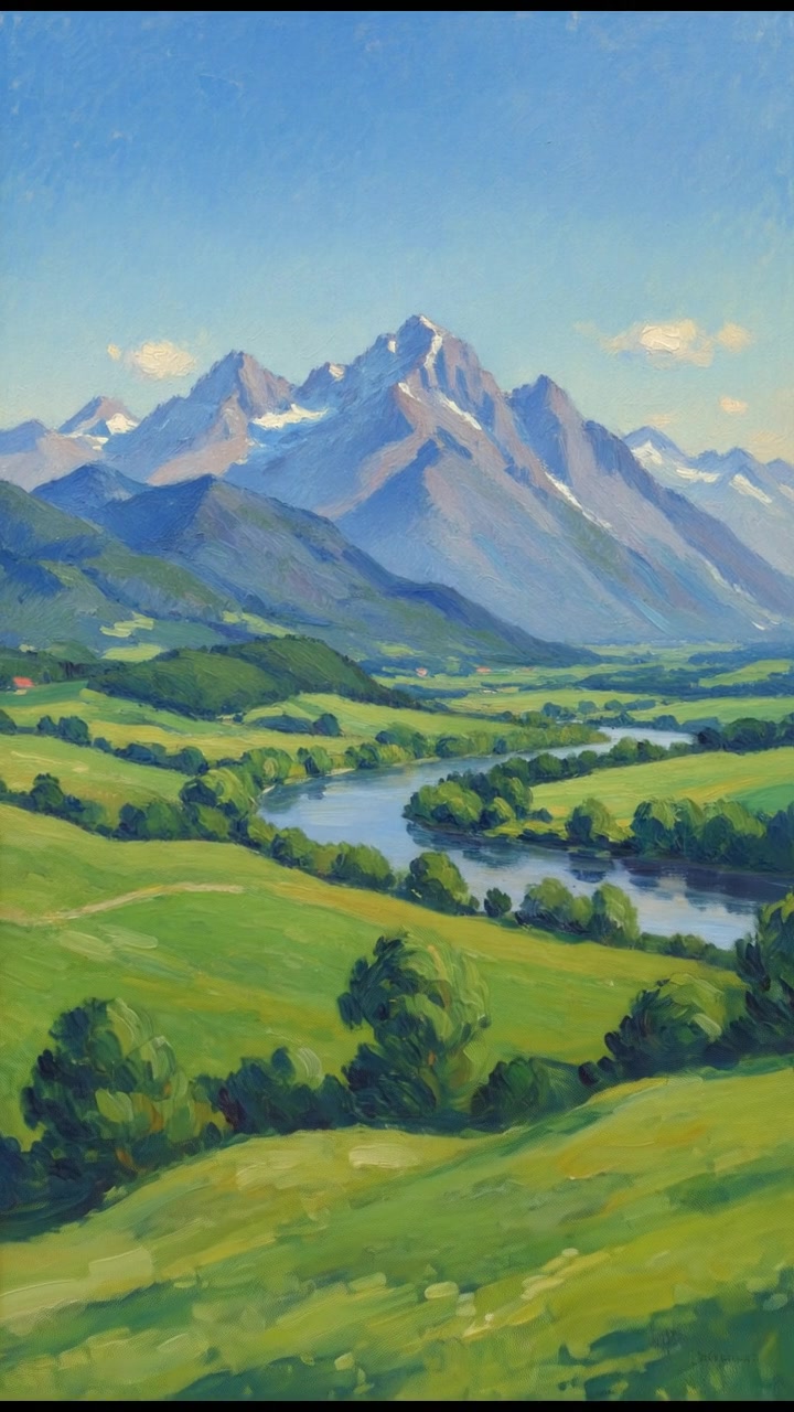 A lush green landscape with a grand mountain range in the background, under a clear blue sky.
