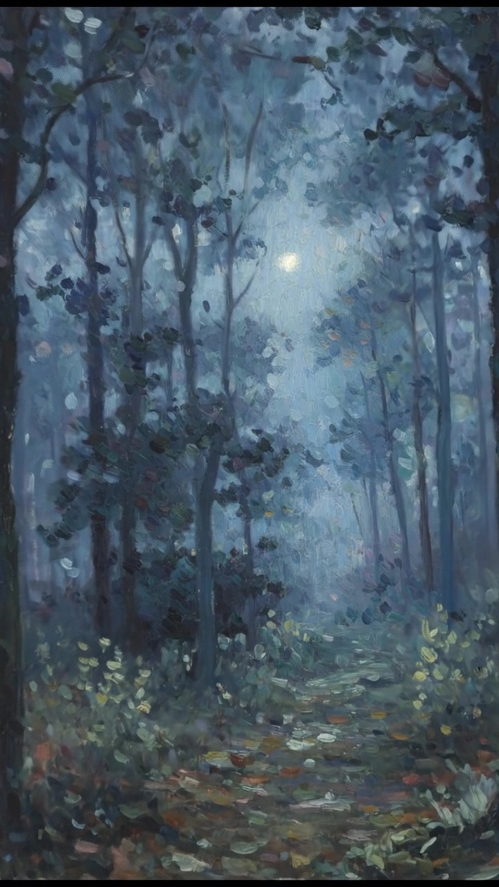 A dark forest at night with dense trees, faint moonlight filtering through branches.