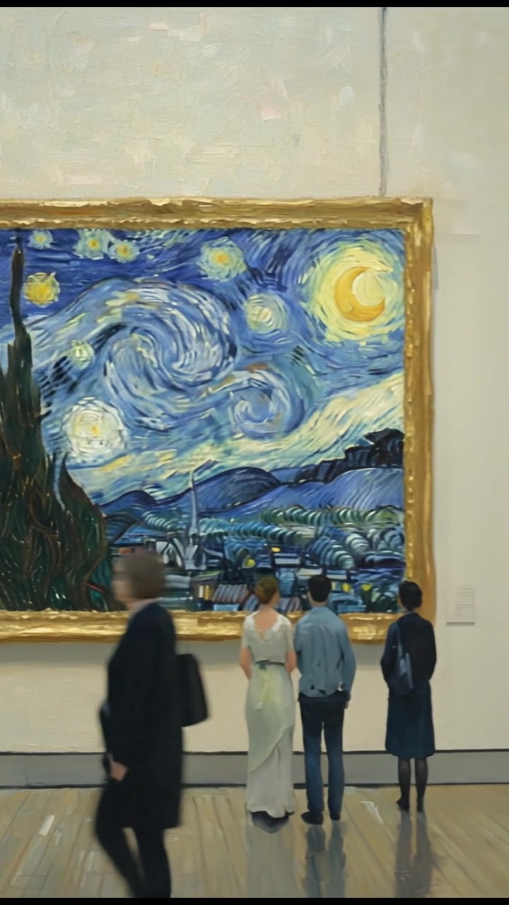 A close-up of Vincent Van Gogh's famous painting, 'Starry Night', displayed in an art gallery.