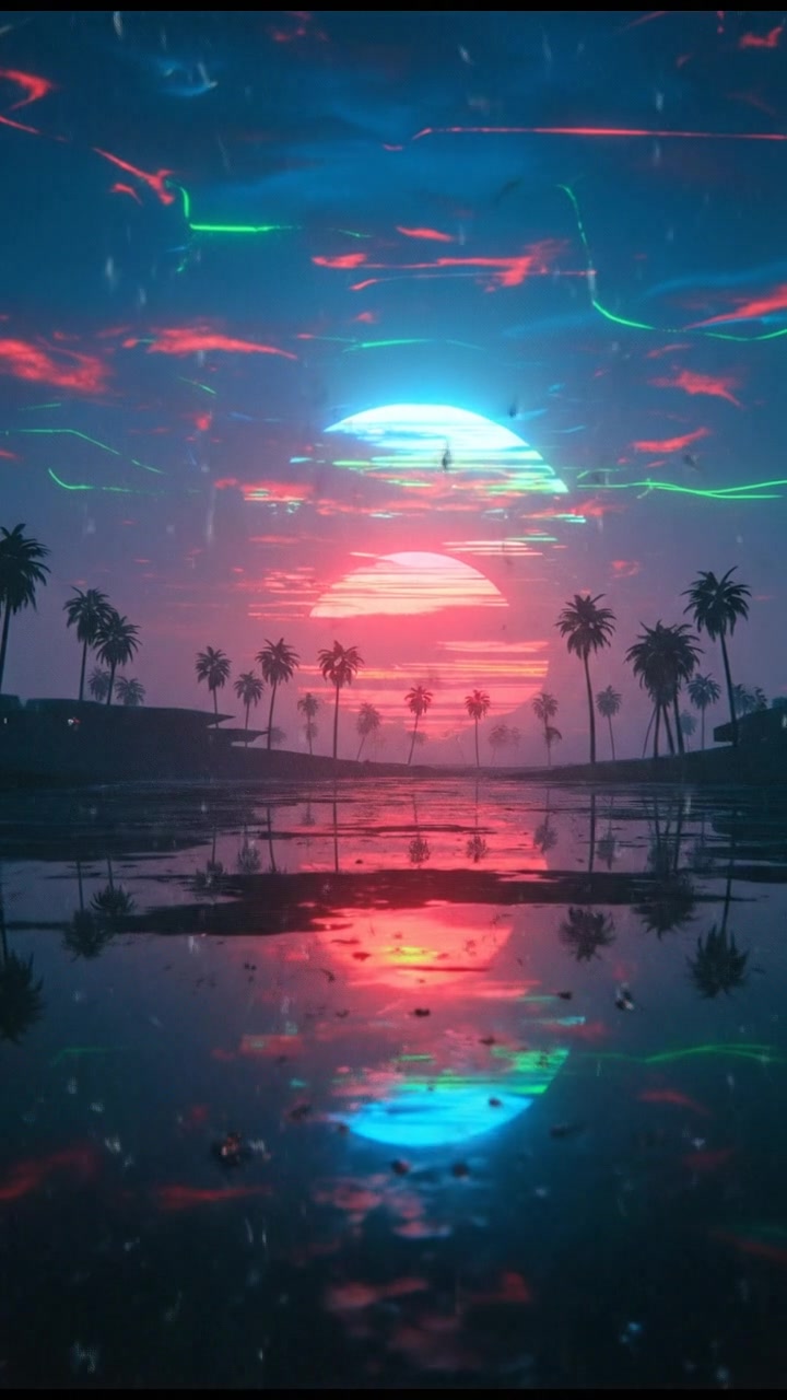 A calm evening landscape of a sunset over a reflective lake, creating a serene and peaceful atmosphere.