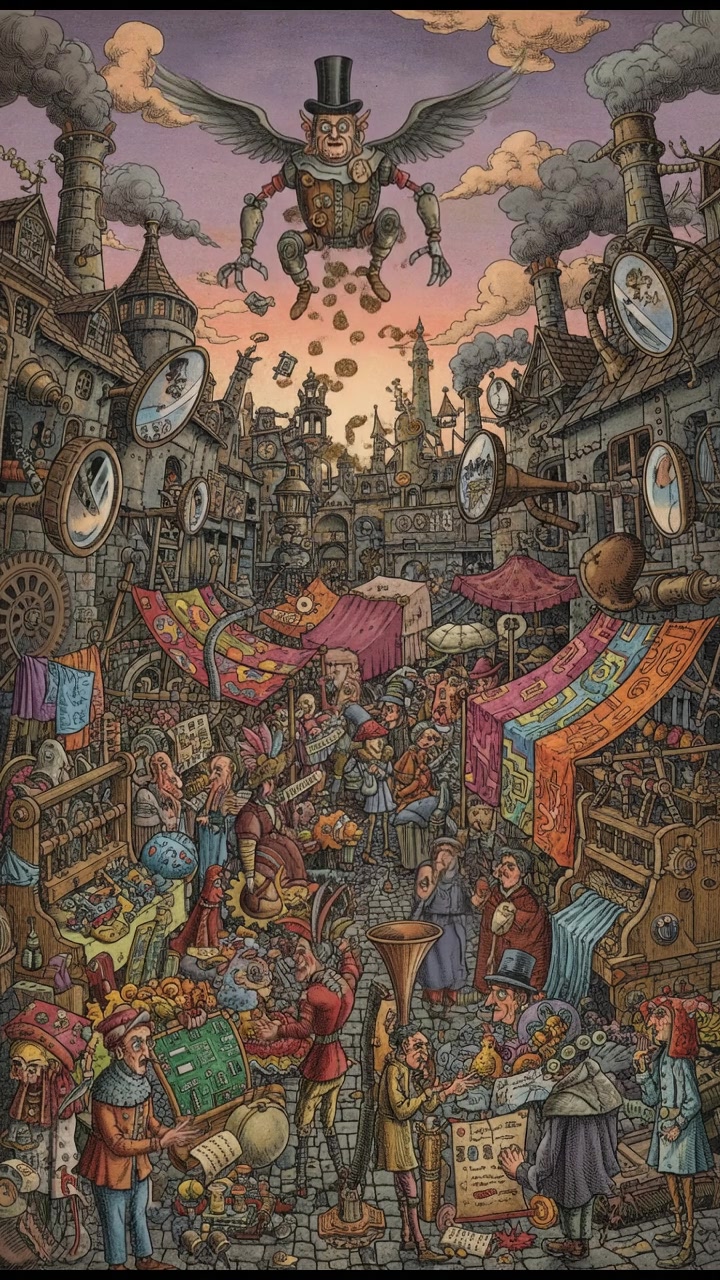 View of a bustling market with diverse goods and colorful fabrics.