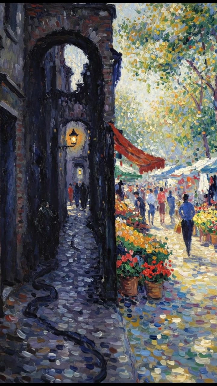 A dark alley with eerie shadows, displaying a stark contrast to the lively market.