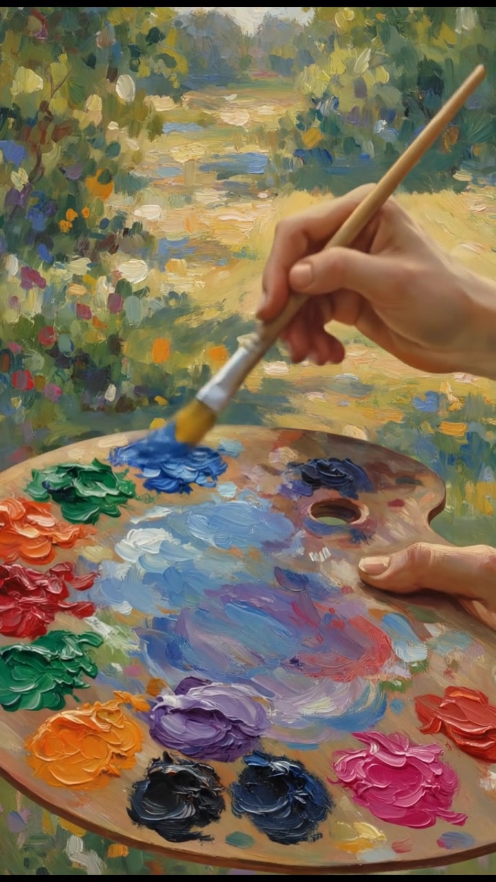 A close-up of a hand holding a paintbrush over a palette, surrounded by vibrant colors.