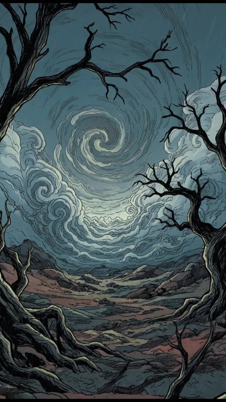 A mysterious, ethereal landscape with a swirling mist, hinting at an otherworldly realm. Shadows of trees loom, suggesting hidden secrets.