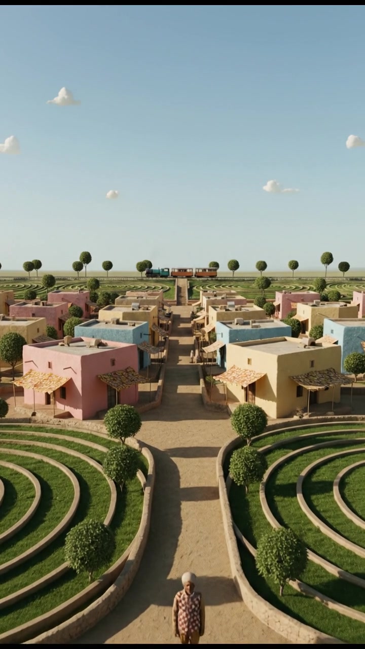A traditional Indian village with mud houses and green fields under a clear sky.
