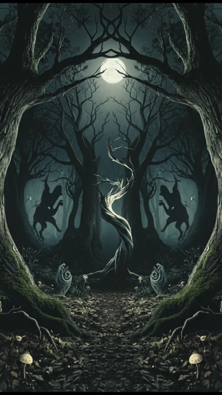 A dark forest at night with the moon shining through the trees, creating eerie shadows.