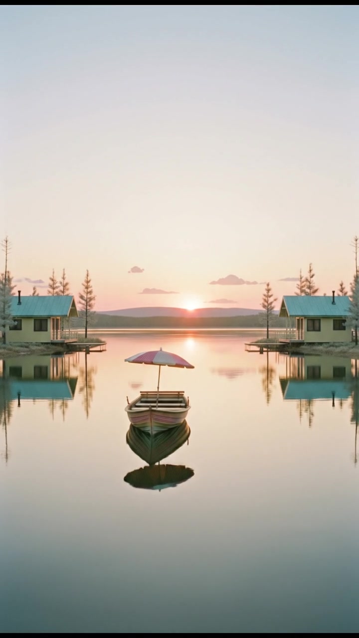 A serene landscape with a sunset over a calm lake, reflecting the fiery colors of the sky.