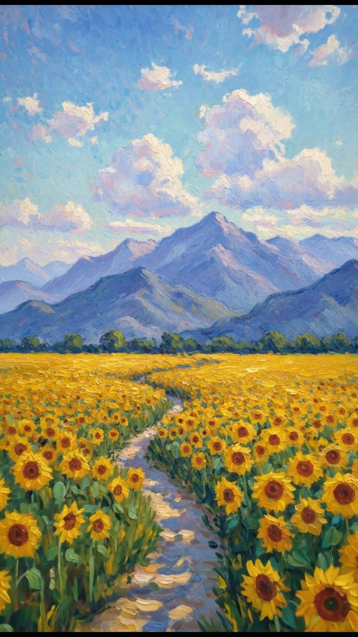 A picturesque landscape showcasing a vibrant sunflower field under a blue sky, with mountains in the distance.