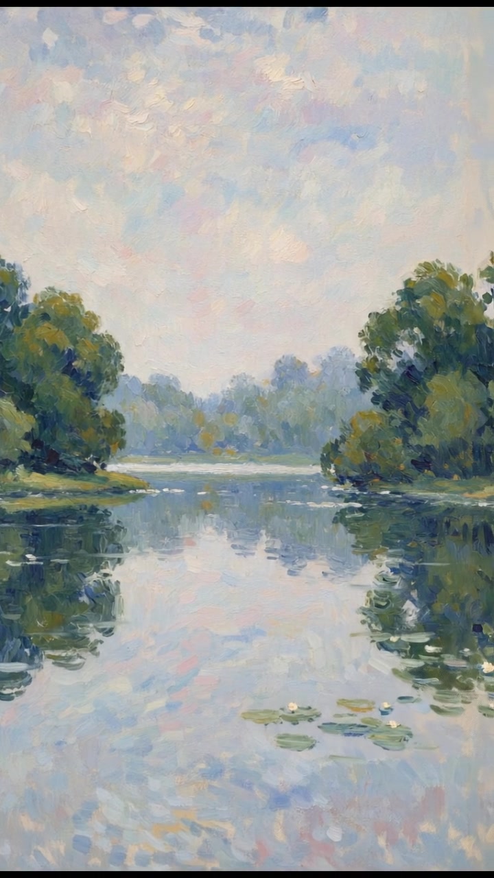 A serene landscape with a calm lake reflecting the sky, surrounded by lush trees, conveying a sense of inner peace and control.