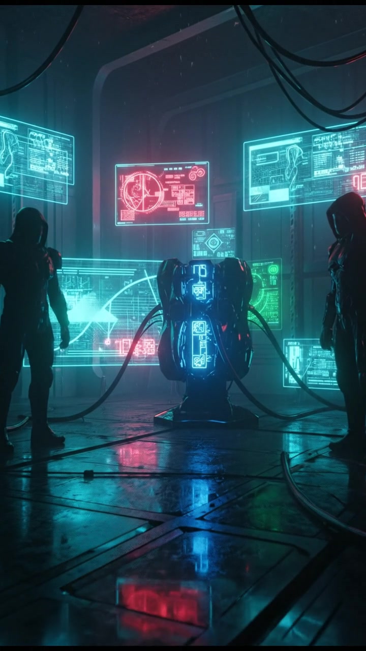 A futuristic laboratory filled with various sleek AI tools, screens illuminating the room.