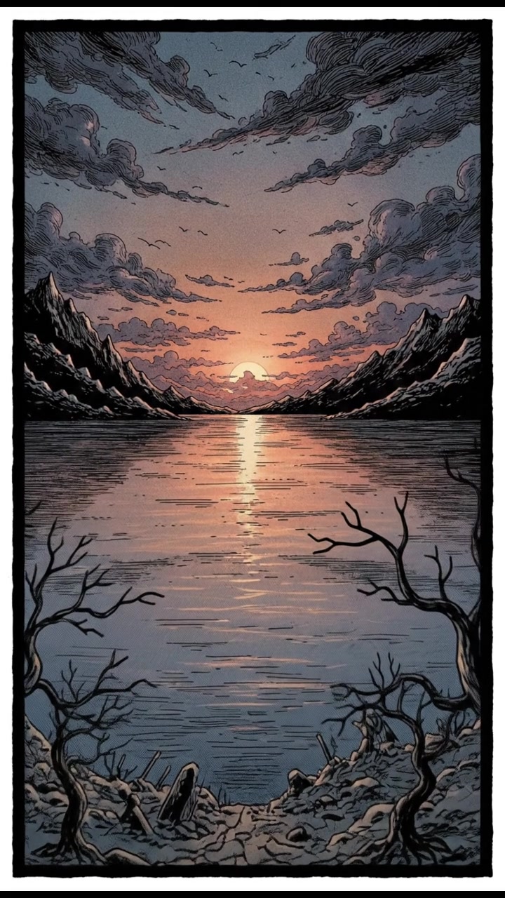 A serene landscape with a sunset over a calm lake, reflecting vibrant colors.