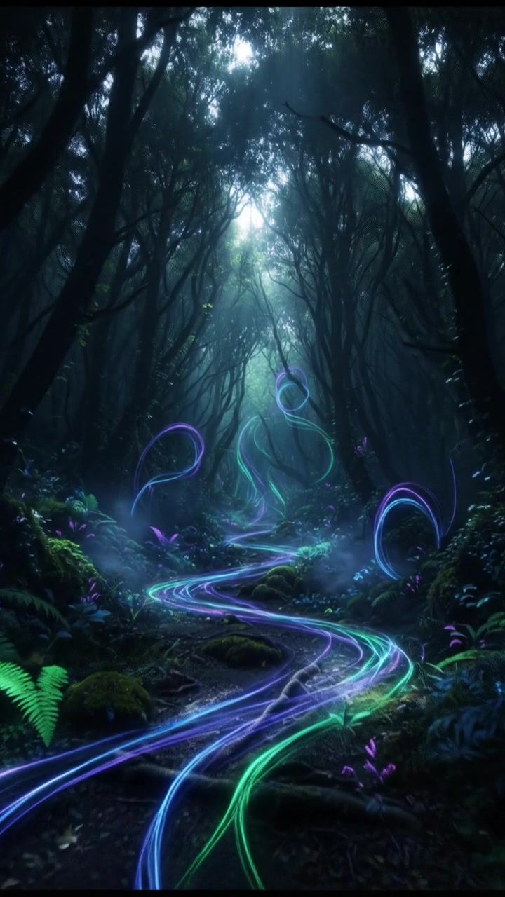 A winding path leading through a lush forest, sunlight filtering through the leaves.